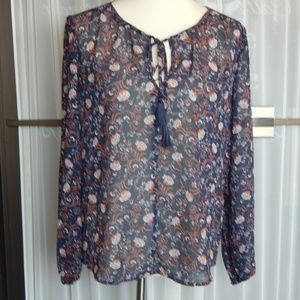 NWT WAYF Floral Peasant Navy Stripe Sheer Blouse